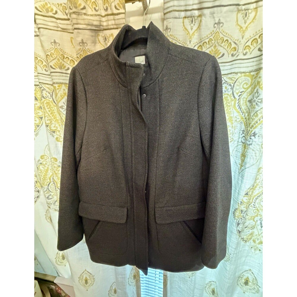 J. Jill Women's Gray Mid-Length Jacket Full Zip Snap Front Pockets Collared L P